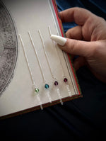 Four beaded threaders over a book page.