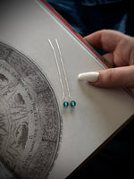 Two beaded threader earrings over a book page.