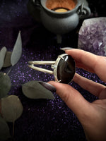 A hand with dark manicured nails holds a silver-toned ring featuring a large, polished black agate stone with natural banding. The background is a dark, glittery purple surface decorated with dried leaves, a small metal cauldron, and a purple crystal cluster.