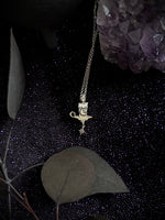 A silver-toned pendant necklace featuring a miniature lamp of guidance and a small star charm, displayed on a dark textured surface with dried leaves and an amethyst crystal cluster.